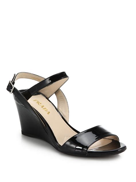 prada black patent leather sandals|prada patent leather wedge sandals.